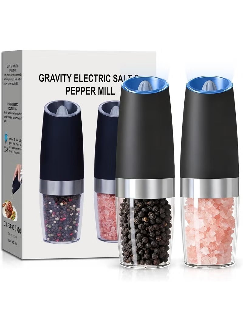 Gravity Electric Salt and Pepper Grinder Set of 2, Automatic Salt and Pepper Grinder Set, Adjustable Roughness, Battery Powered, LED Light, 2 Pack, (Black) - Image 2